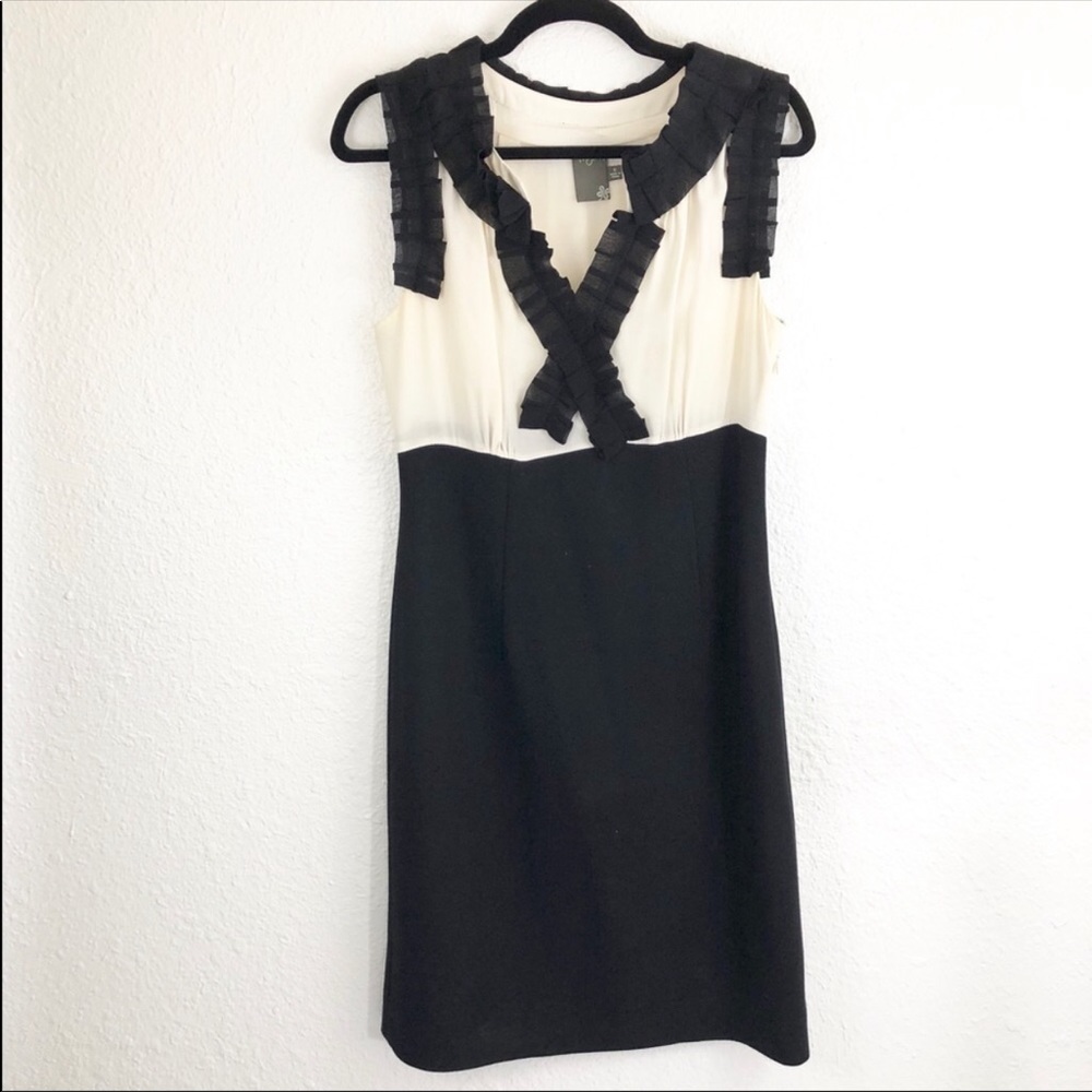 Taylor Black and Cream Sleeveless Ruffle Sheath Dress